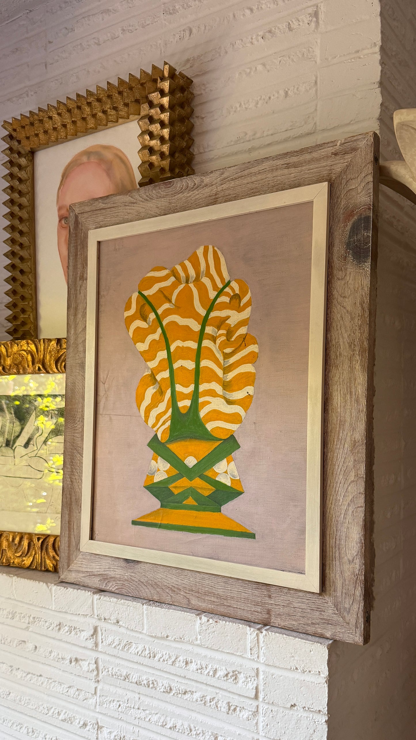 20th century Surrealist Abstract Oil on Canvas Painting, Modernist Wood Frame