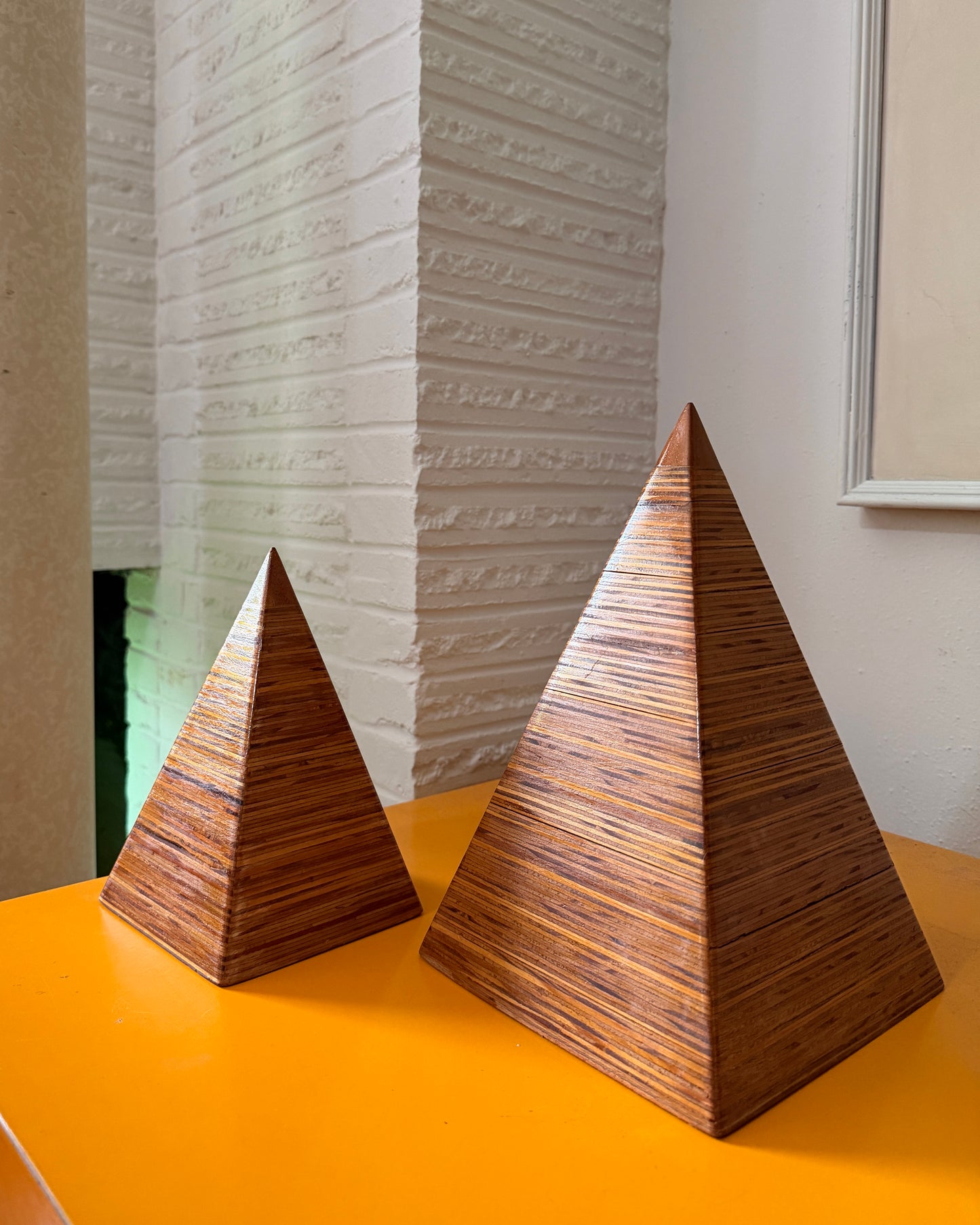 Pair Mid 20th Century Stacked Laminated Plywood Pyramid Table Sculptures