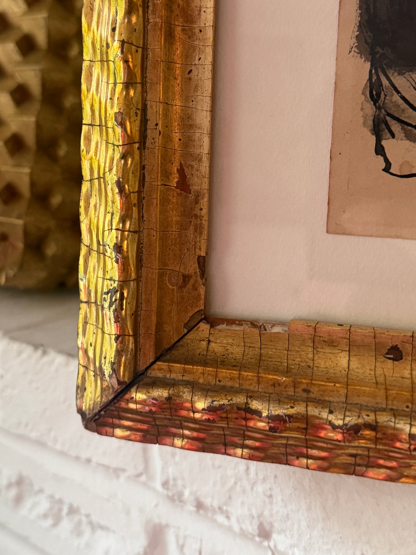 Abstract figurative ink on paper 1973 W.C.C.D Authier drawing in Scarce Rippled 19th Century Frame