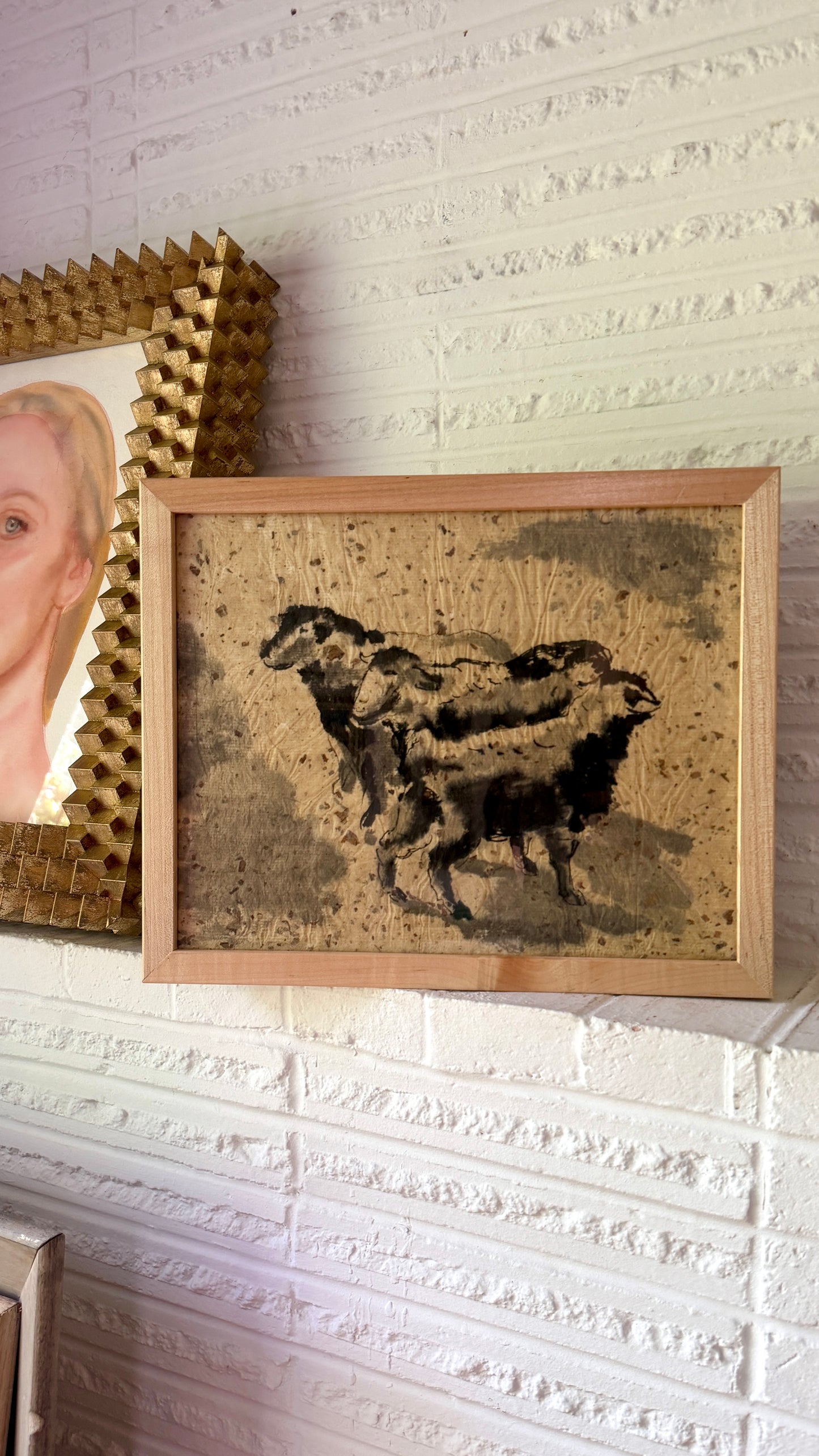 Eunice Parsons (1916-2024) Watercolor Painting of Sheep on Hand Made Kozo Paper, Framed