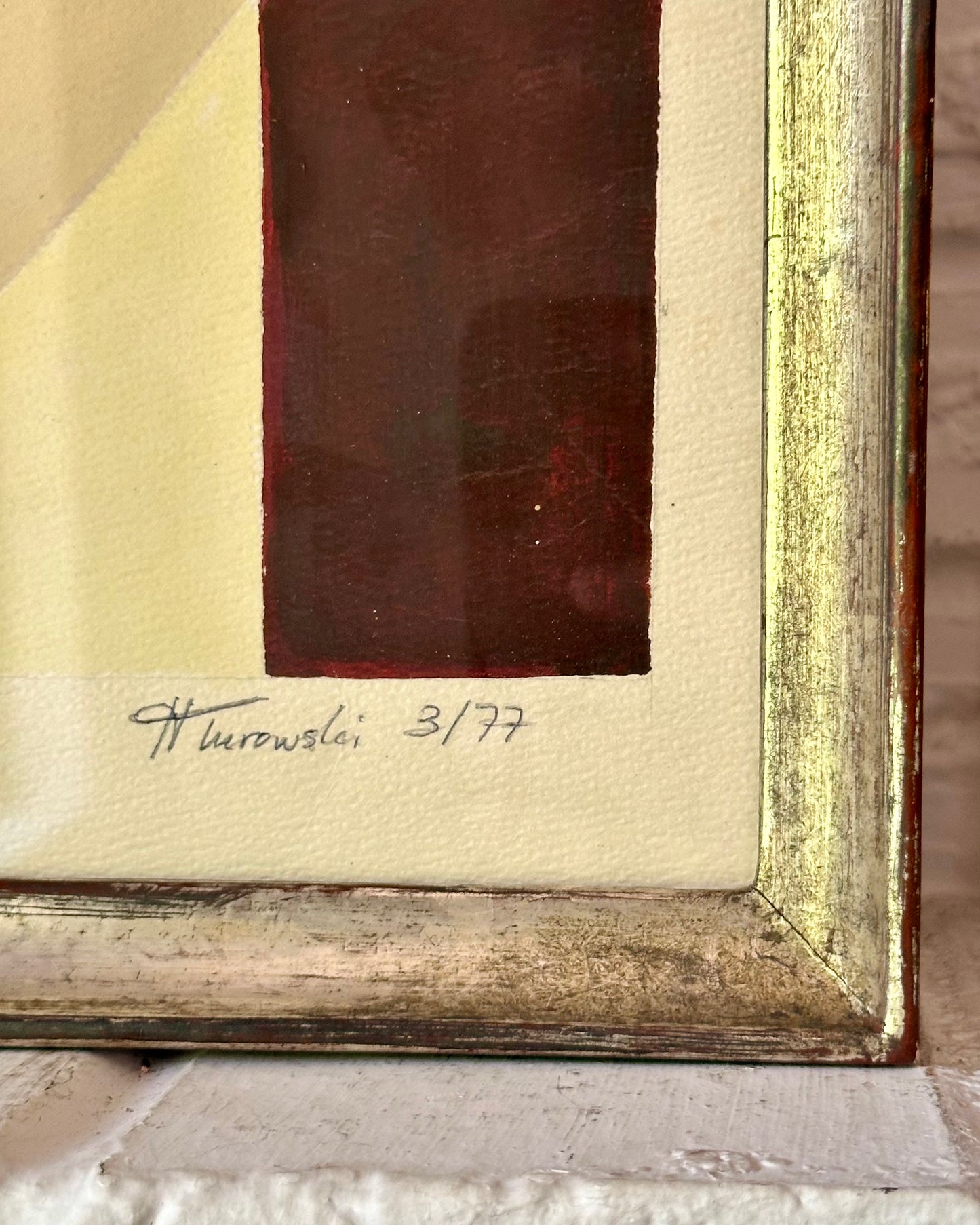 1977 Abstract Watercolor, signed H. Turowski, 19th century silver gilt frame