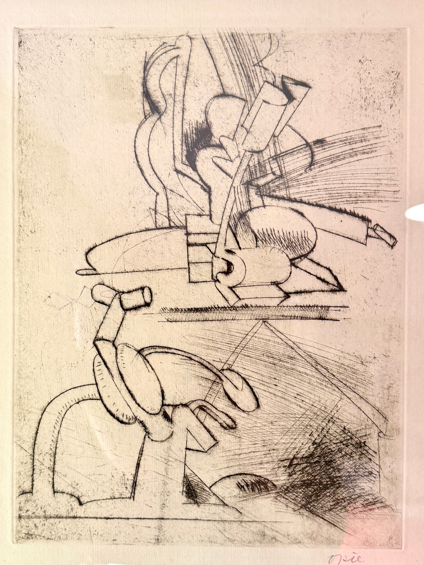 1963 John Mart Opie (b.1936) Intaglio “Drawing of Two Sculptures” in Cerused Oak 1950s Frame