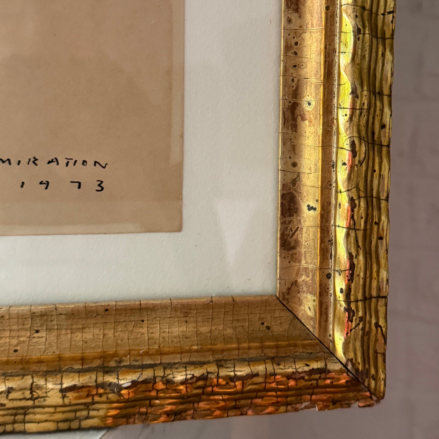 Abstract figurative ink on paper 1973 W.C.C.D Authier drawing in Scarce Rippled 19th Century Frame