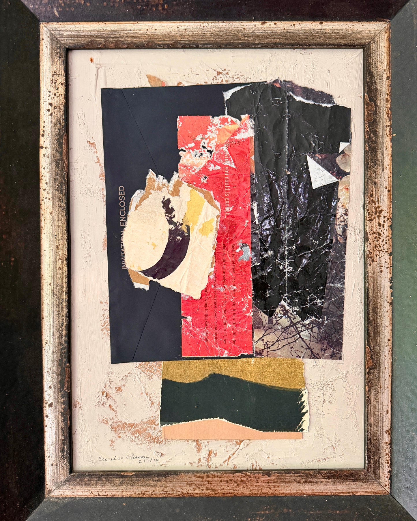 Eunice Jensen Parsons (1916-2024) Modernist Mixed Media Collage 2010, Distressed Solid Wood Italian Frame