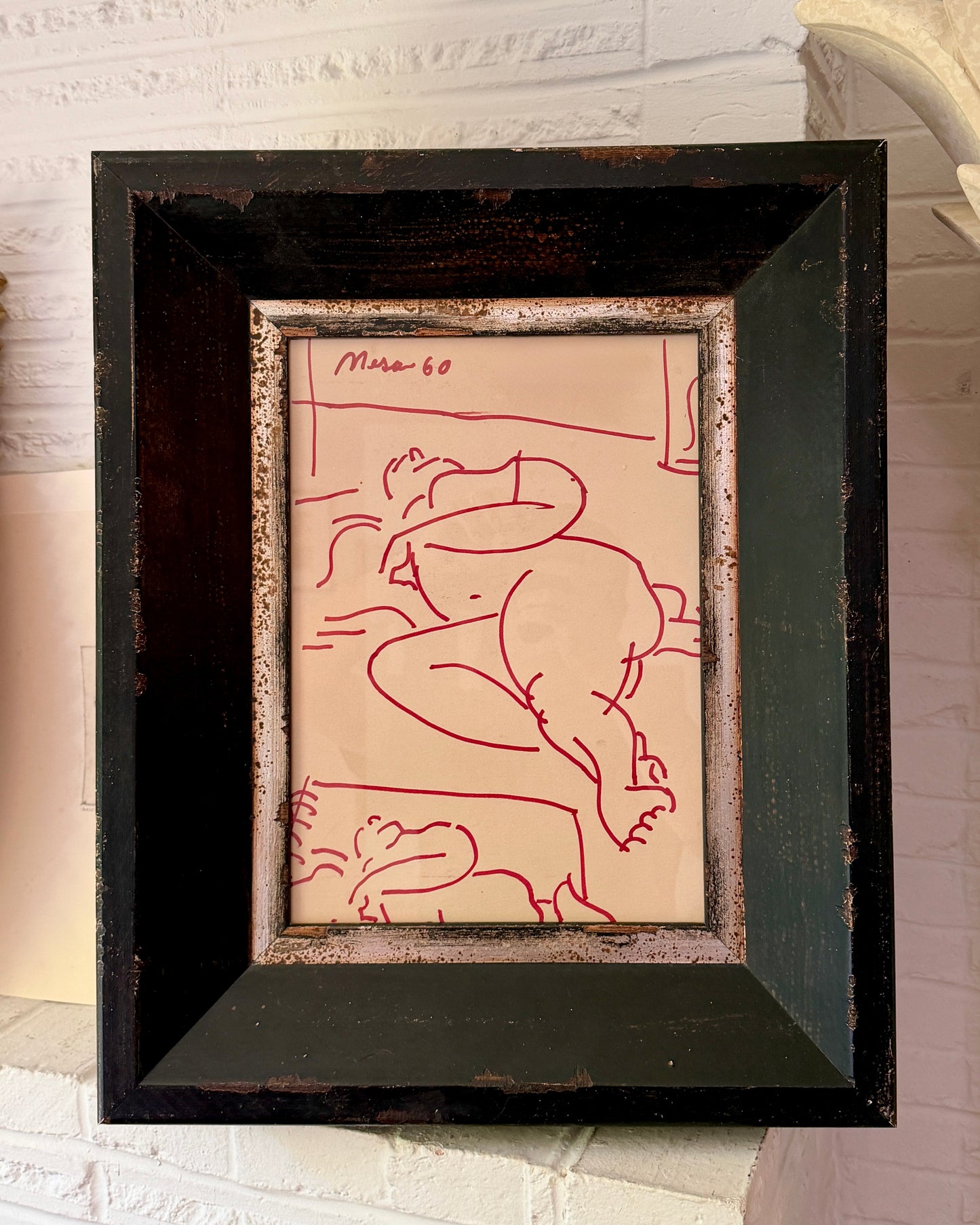 Mid 20th Century Abstract Figure Line Drawing, Herald Mesibov, Chunky Italian Frame