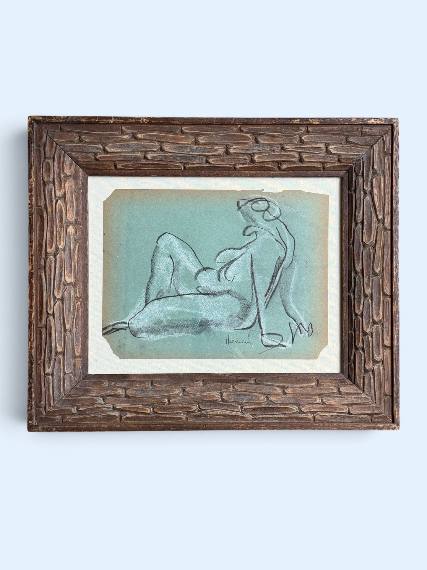 American 20th Century Oil Pastel Figurative Drawing, Mamie Harmon (1906-1993) Vintage Frame