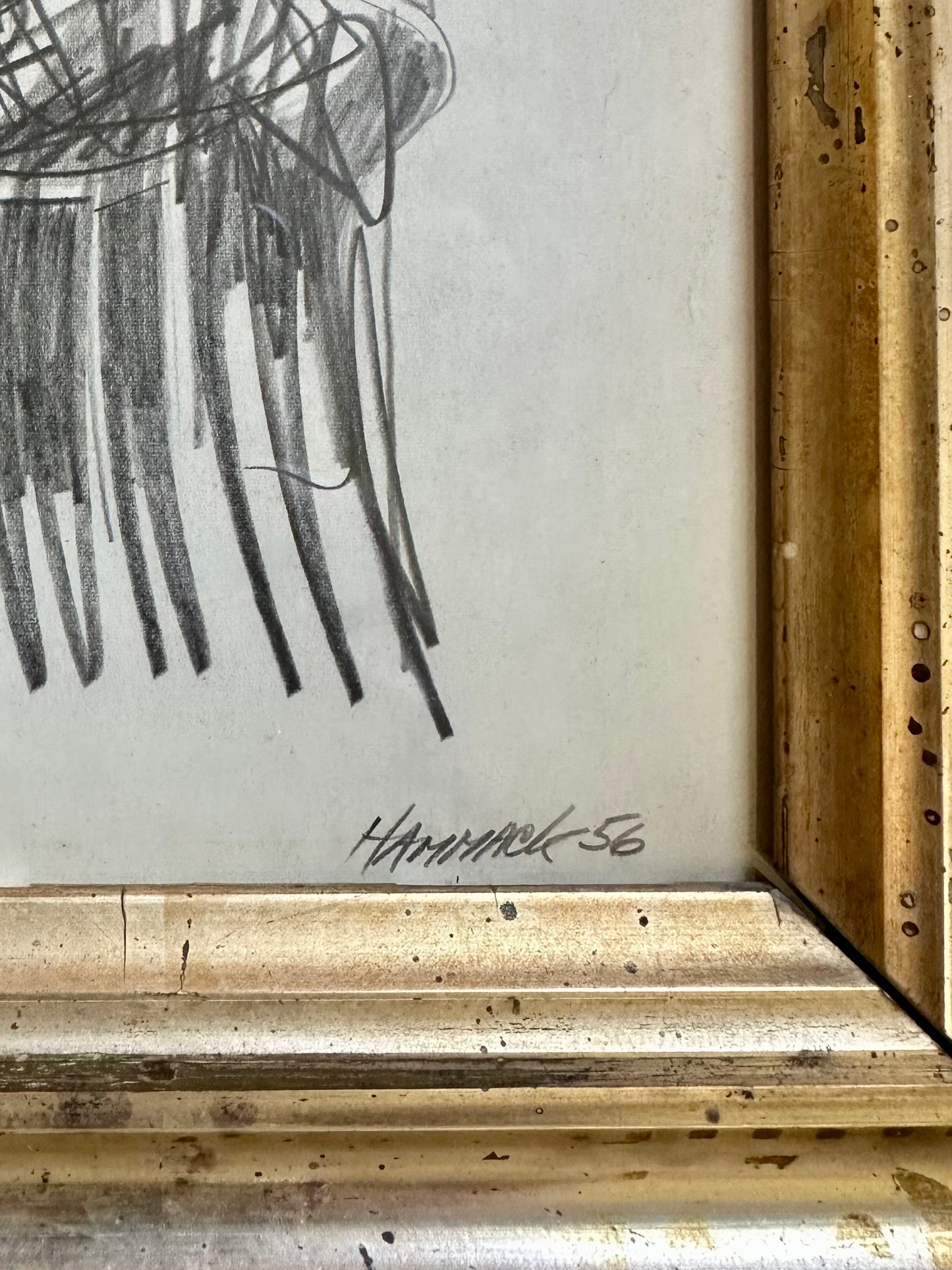1956 “Deconstruction” Pencil Drawing by Jack Hammack, 19th century gilt frame