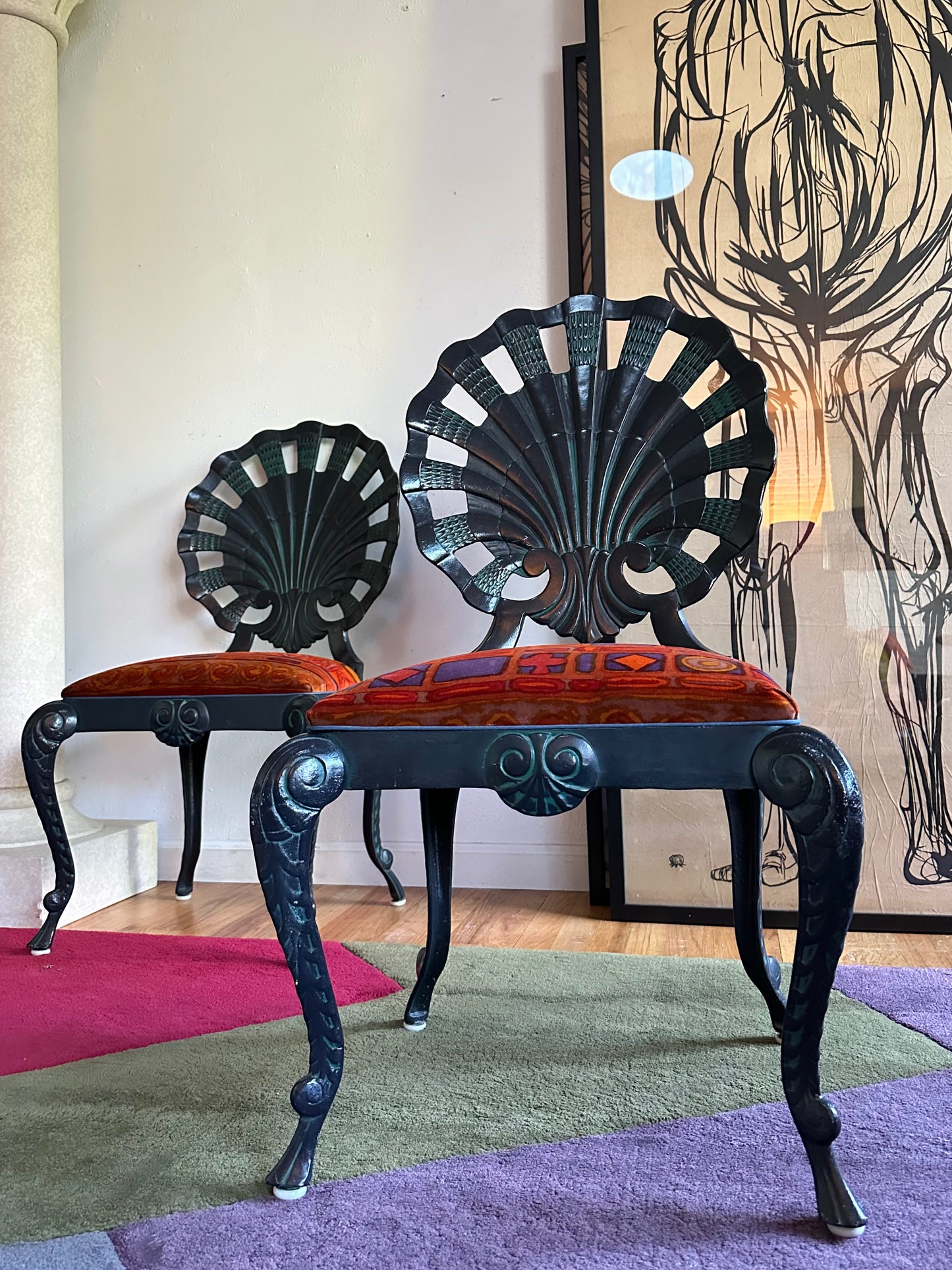 Pair of Vintage Grotto Chairs with Jack Lenor Larsen Upholstered seats