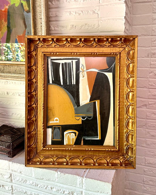 1950s original cubist painting in vintage carved wood frame