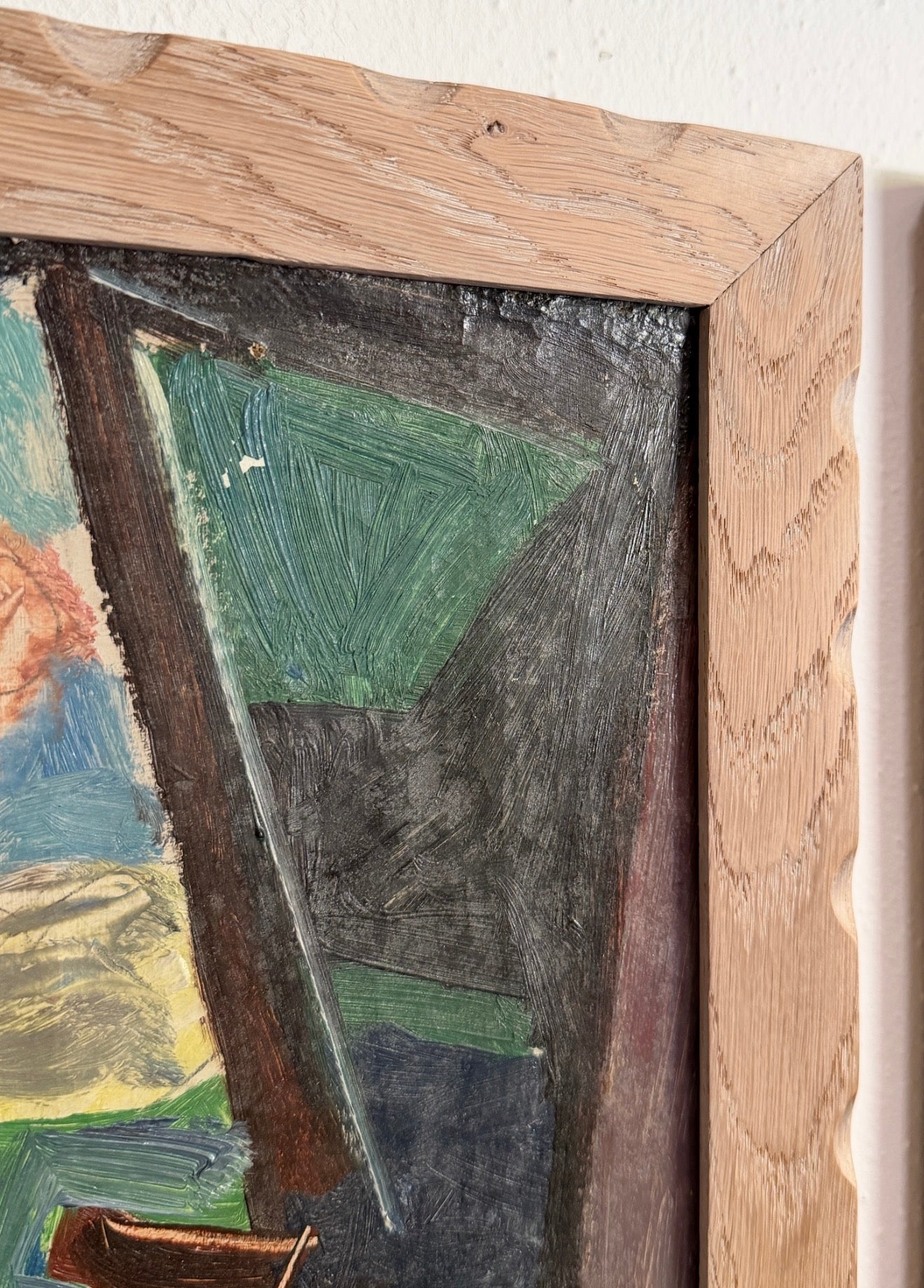 1947 Cubist Still Life Oil on Canvas, Custom Cerused Oak Frame