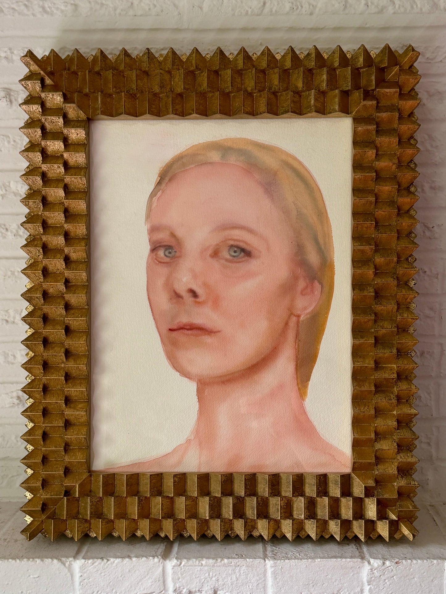 Hyperealism Watercolor Portrait on Paper in Custom Hillside Frameworks Gilt Wood Frame