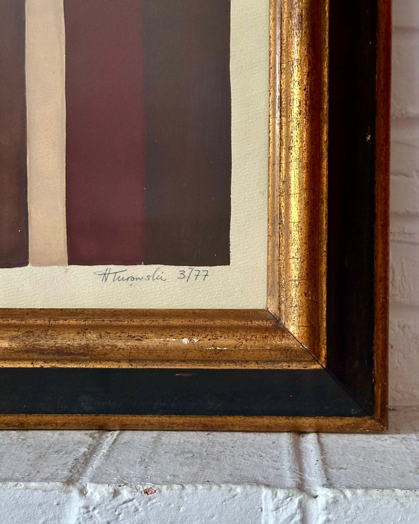 1977 Abstract Watercolor, signed H. Turowski, 19th century silver gilt frame