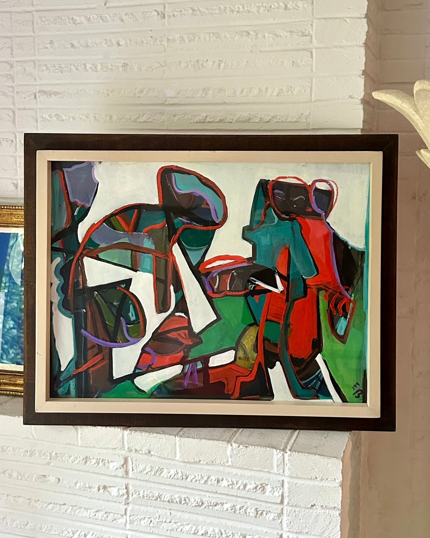 1960s Abstract Painting on Paper in Vintage Modernist Wood Frame