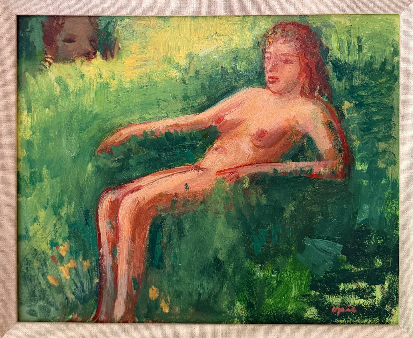20th Century American John Mart Opie (b.1936) Painting on board, “Satyr & Nymph” artist framed