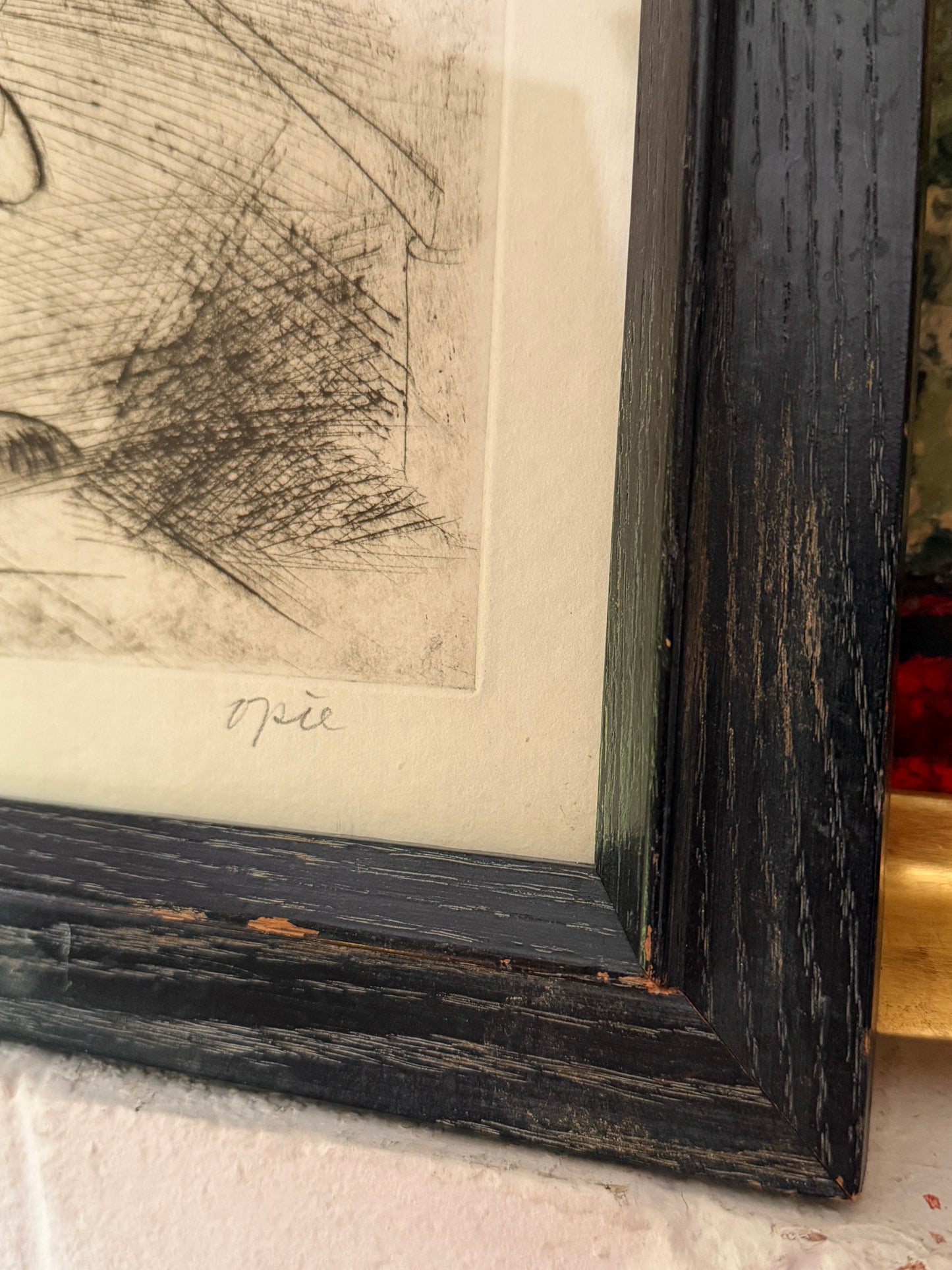 1963 John Mart Opie (b.1936) Intaglio “Drawing of Two Sculptures” in Cerused Oak 1950s Frame