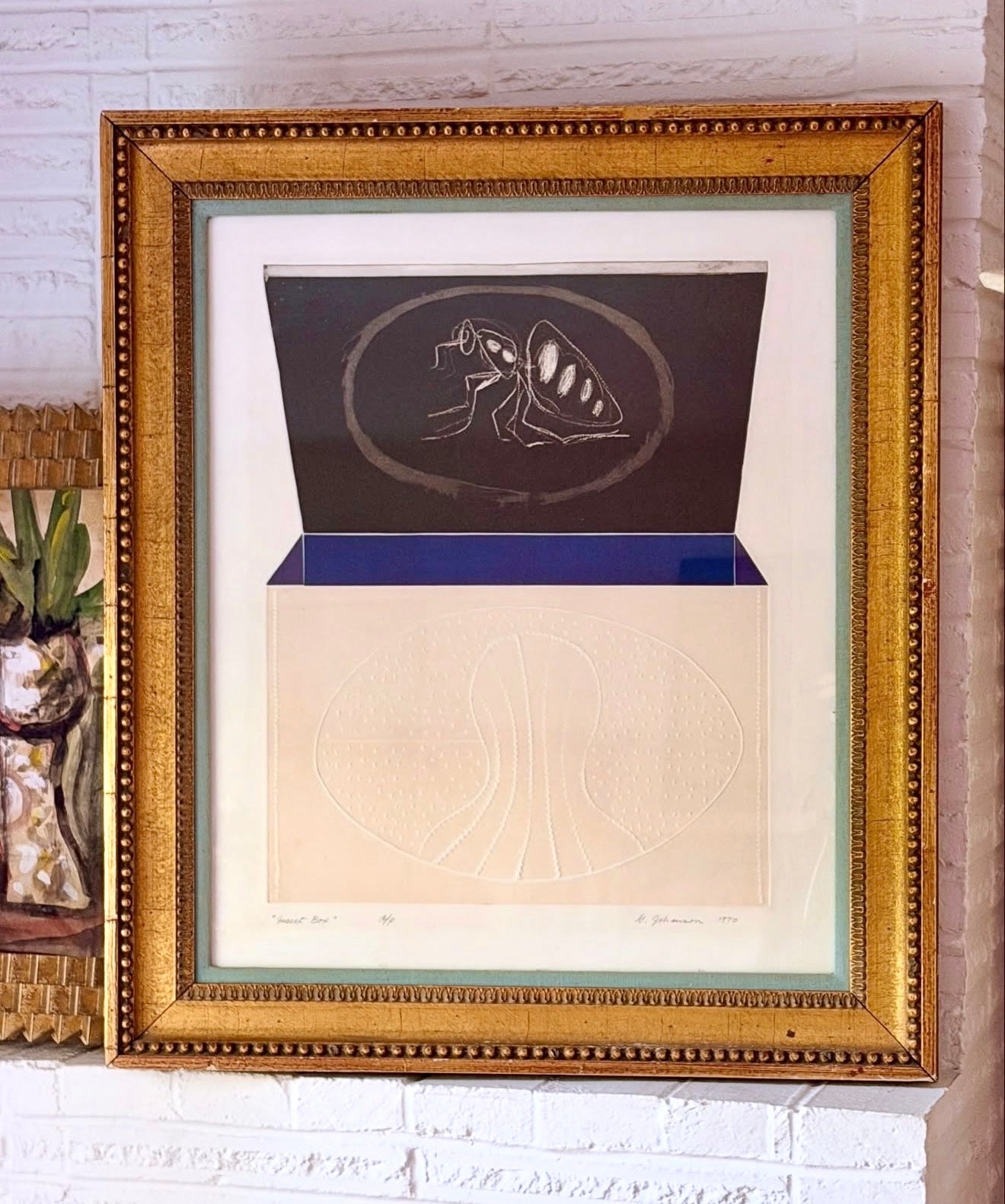 George Johanson A/P Signed Print “Insect Box” 1970 in Antique Gilt Frame