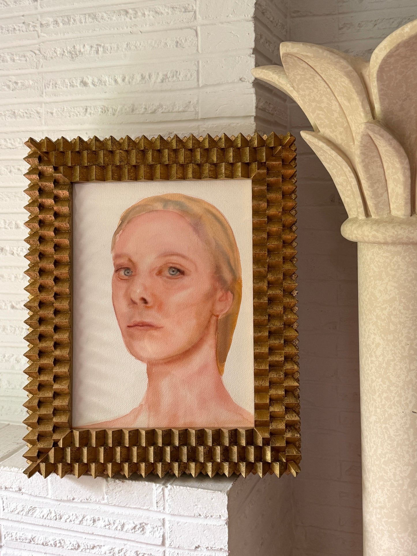 Hyperealism Watercolor Portrait on Paper in Custom Hillside Frameworks Gilt Wood Frame