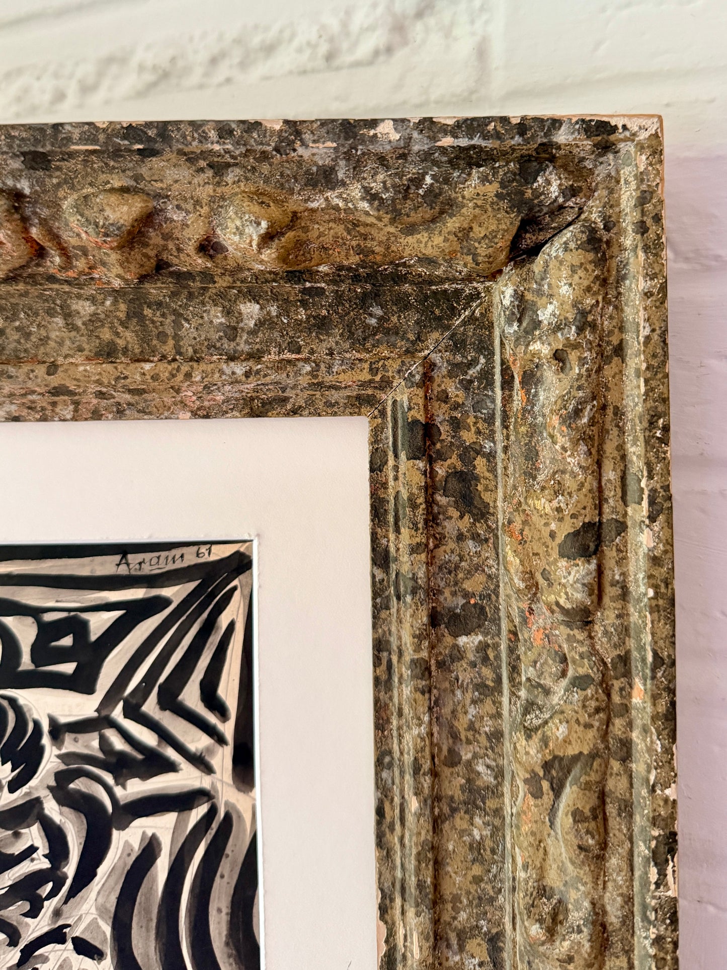 1961 ink on paper abstract drawing, signed, Vintage French frame