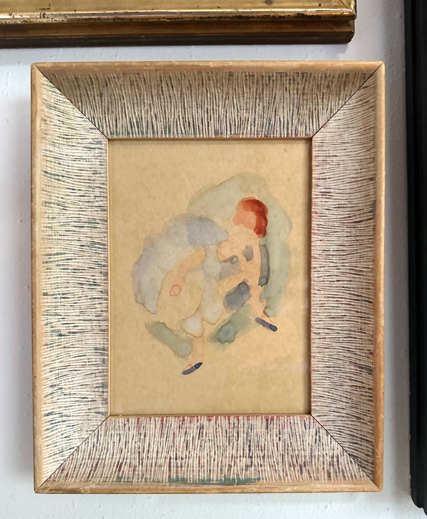 1960s abstract figure water color in period combed gesso frame