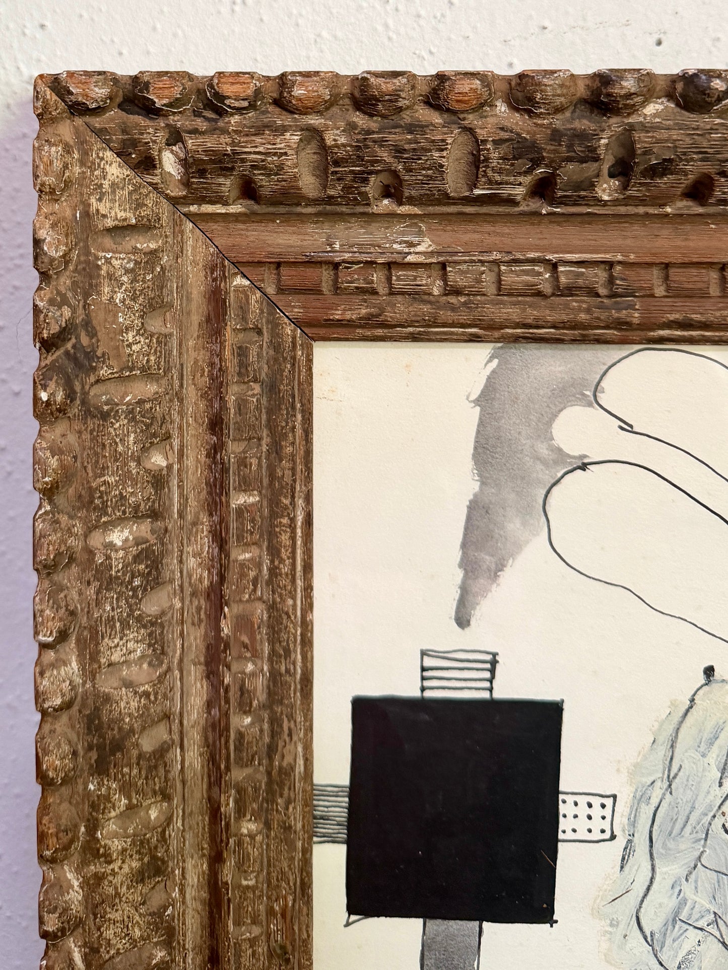 20th Century American John Mart Opie (b. 1936) Abstract Painting in B&W, Vintage Carved Wood Frame