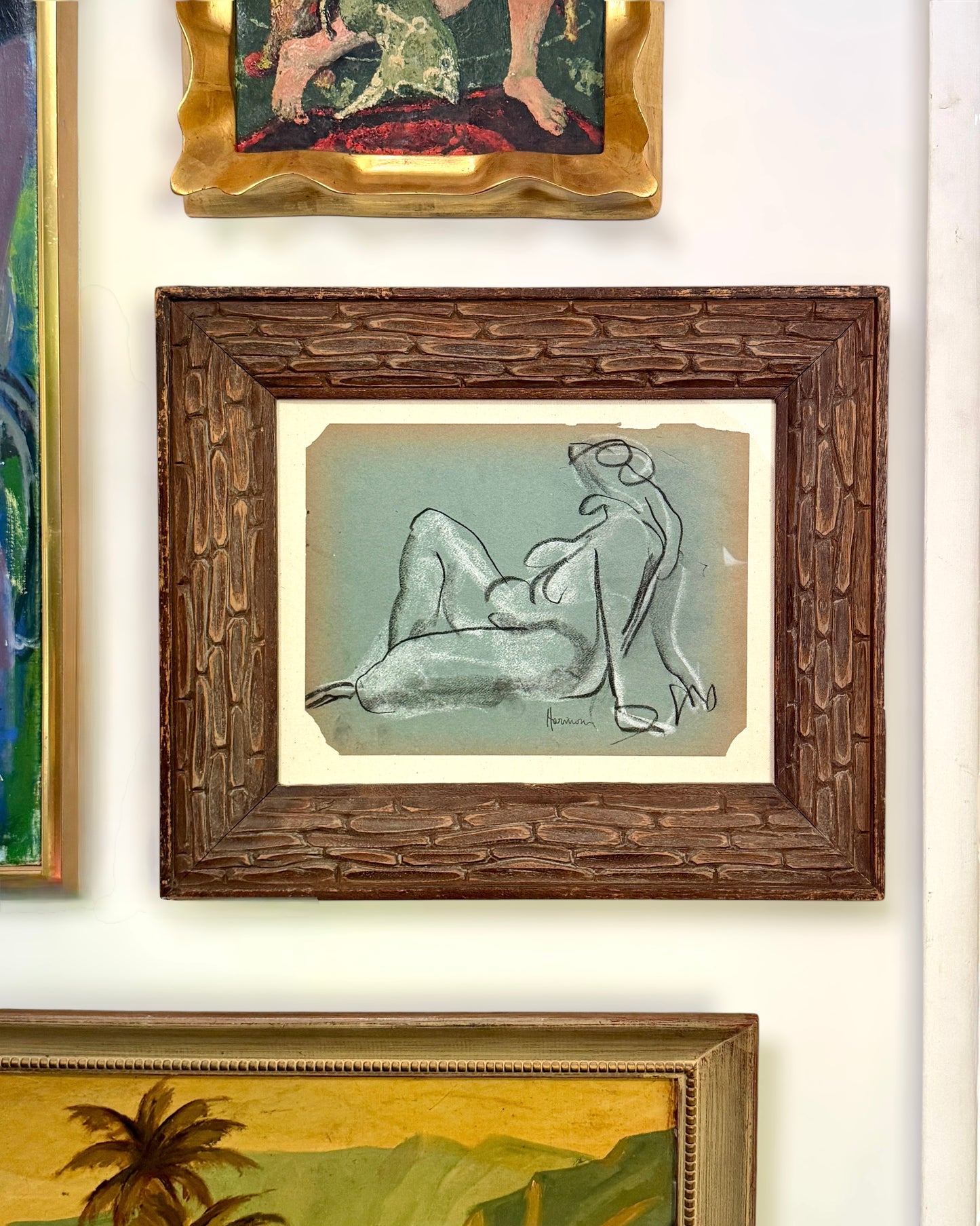 American 20th Century Oil Pastel Figurative Drawing, Mamie Harmon (1906-1993) Vintage Frame
