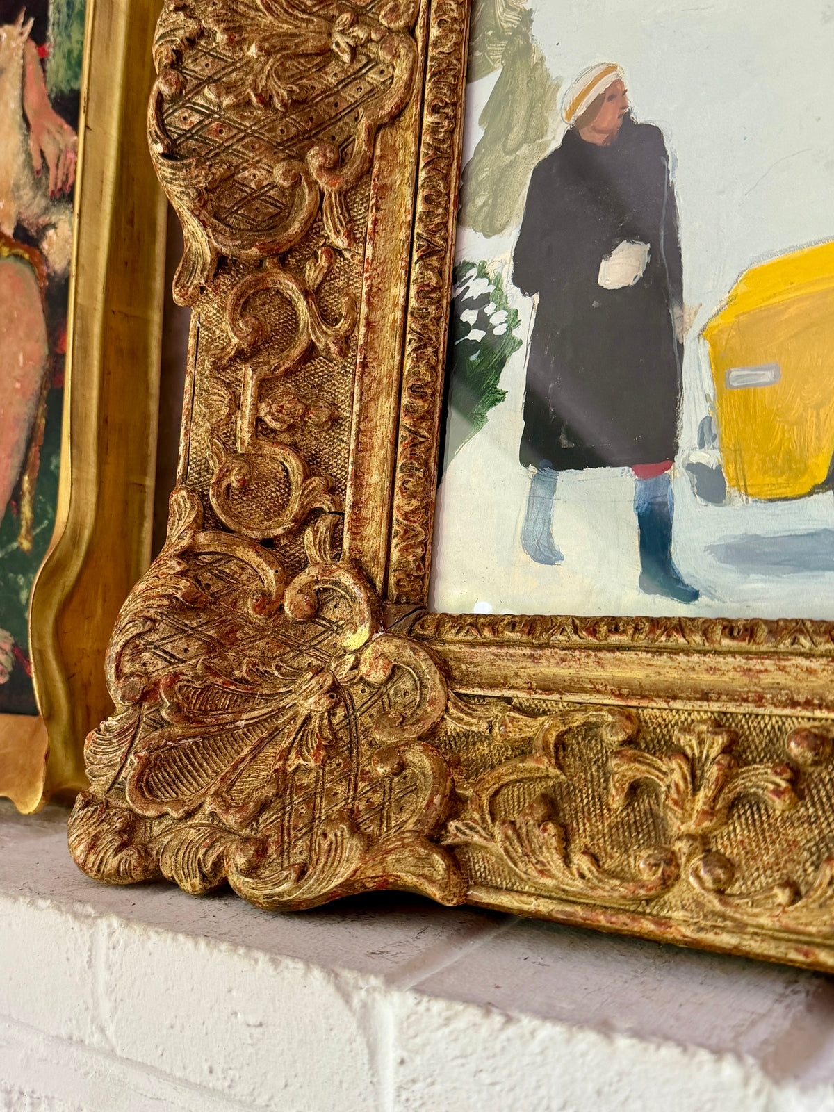 20th Century American John Mart Opie (b. 1936) Winter Scene With Yellow Car, 1970s. Antique Ornate Frame