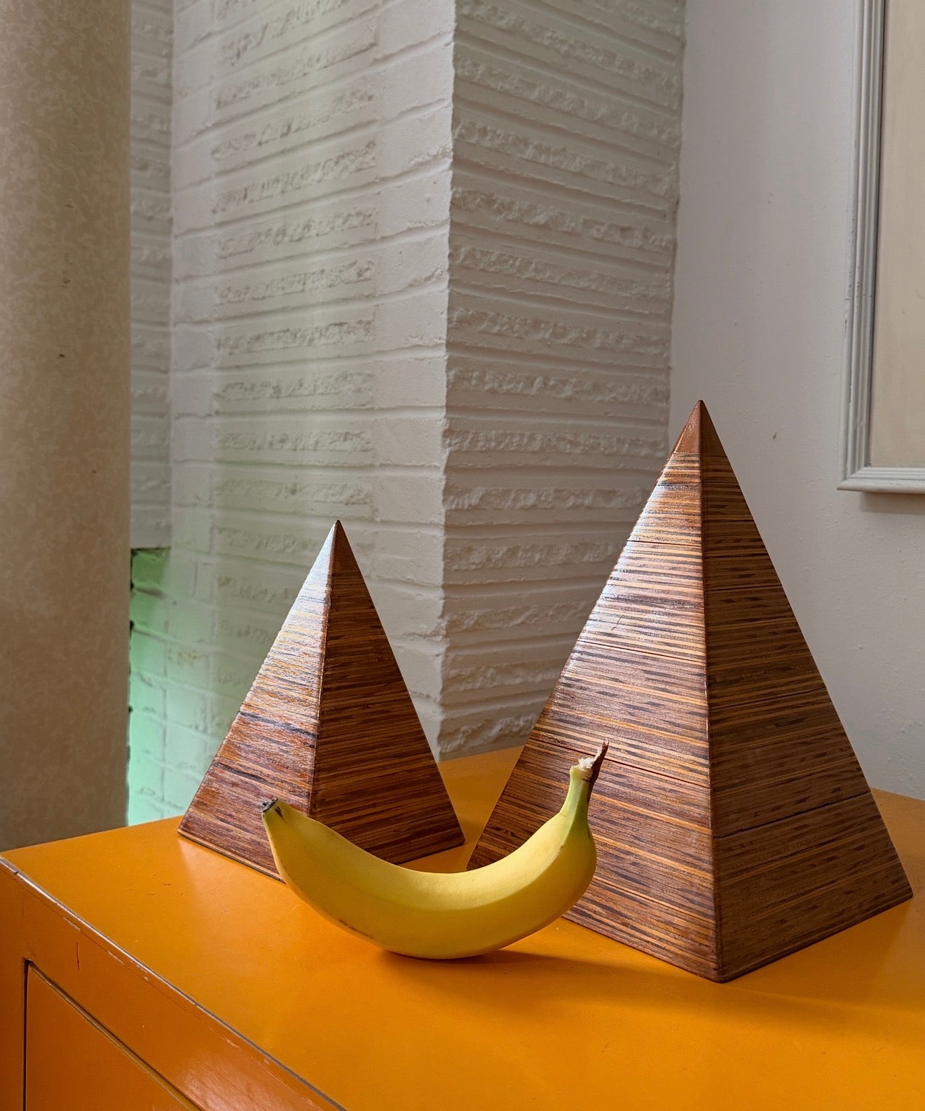 Pair Mid 20th Century Stacked Laminated Plywood Pyramid Table Sculptures