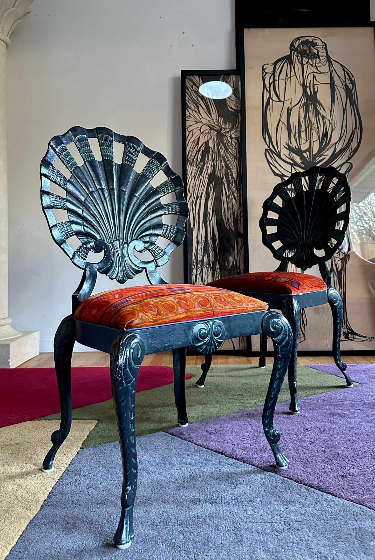 Pair of Vintage Grotto Chairs with Jack Lenor Larsen Upholstered seats