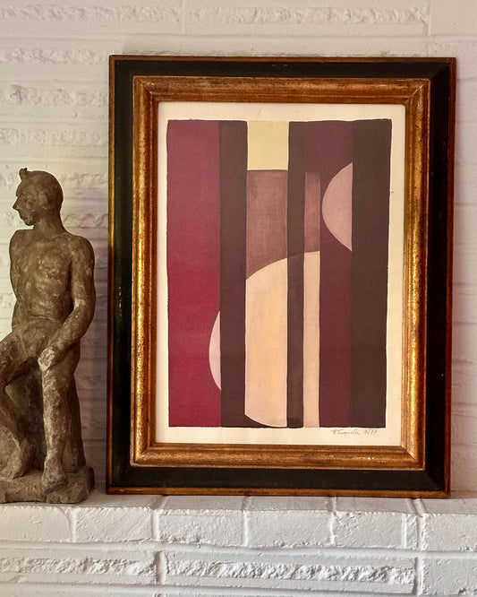 1977 Abstract Watercolor, signed H. Turowski, 19th century silver gilt frame