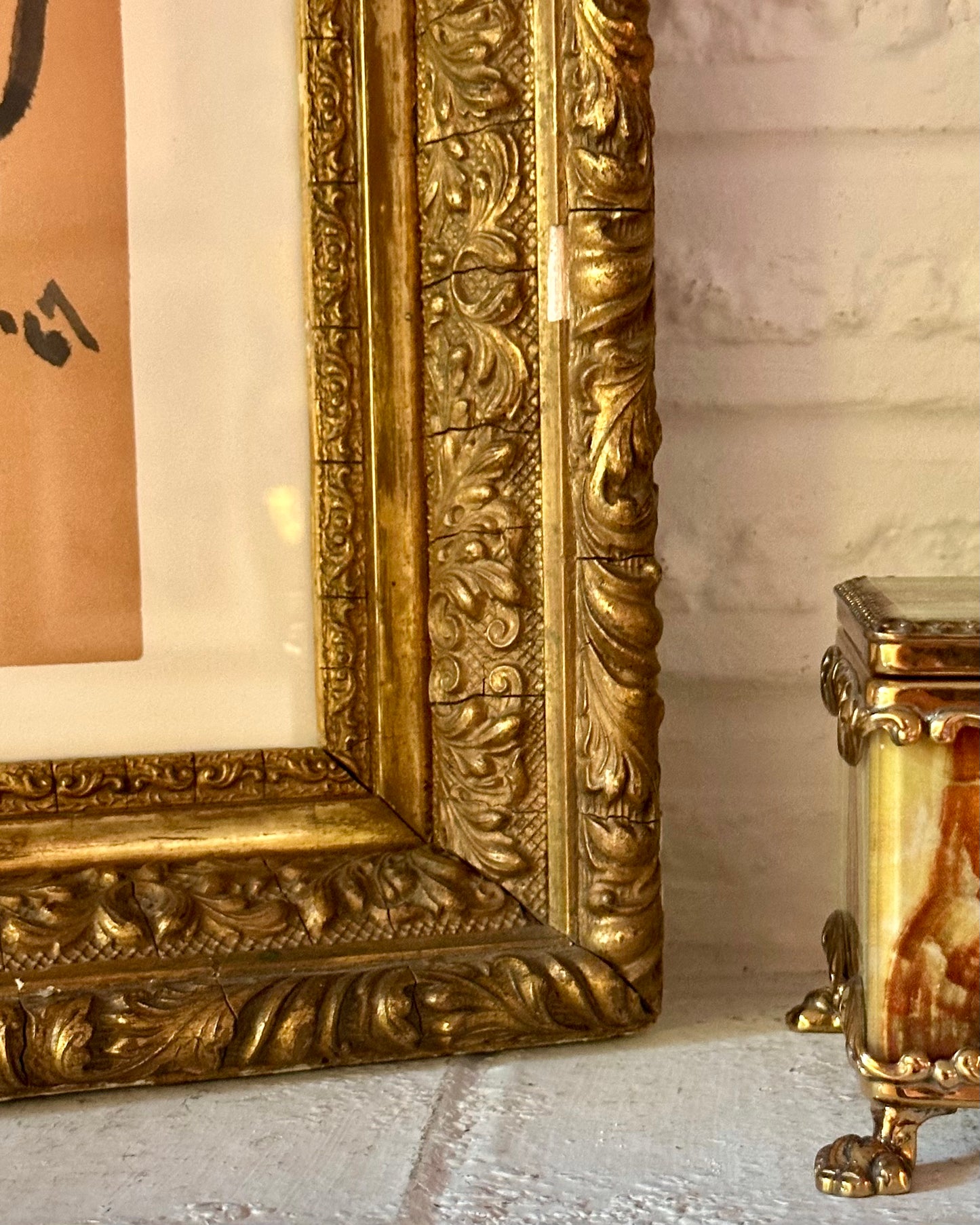 1967 abstracted figure drawing in ink on paper, 19th century ornate gilt frame