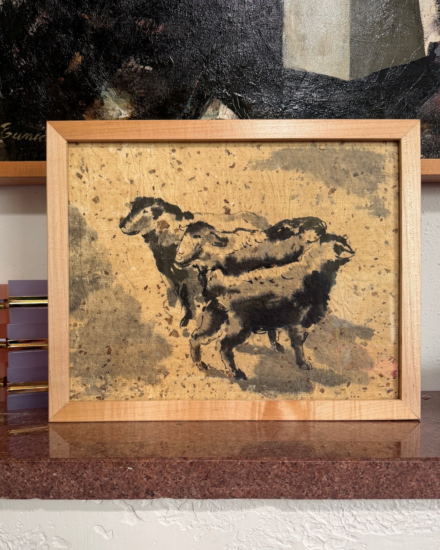 Eunice Parsons (1916-2024) Watercolor Painting of Sheep on Hand Made Kozo Paper, Framed