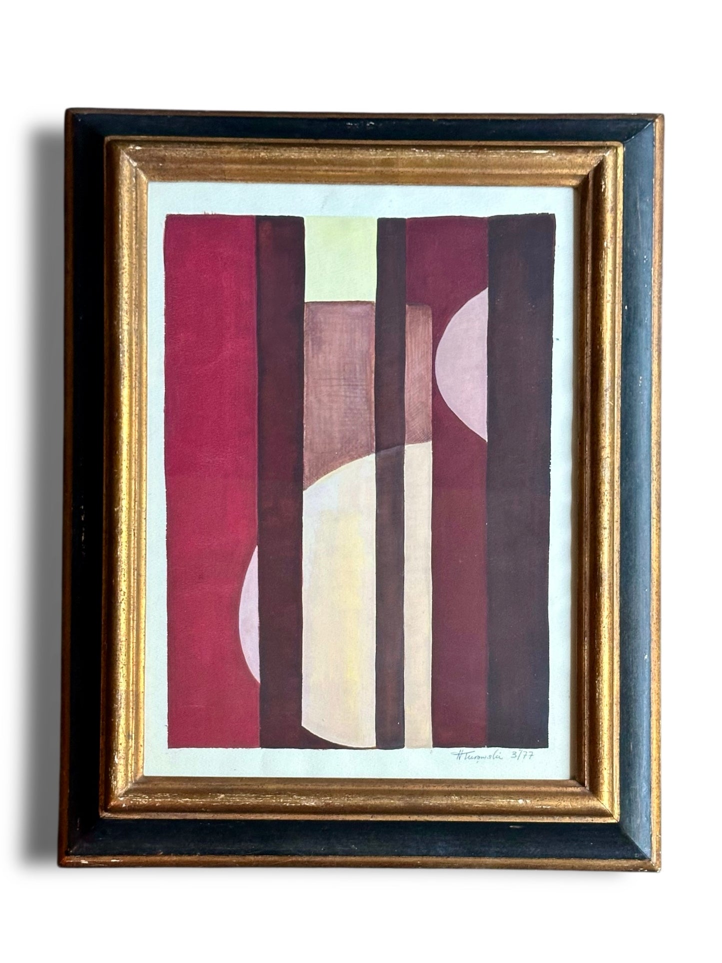 1977 Abstract Watercolor, signed H. Turowski, 19th century silver gilt frame