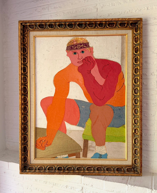 1970s mixed media figurative collage, vintage frame, signed