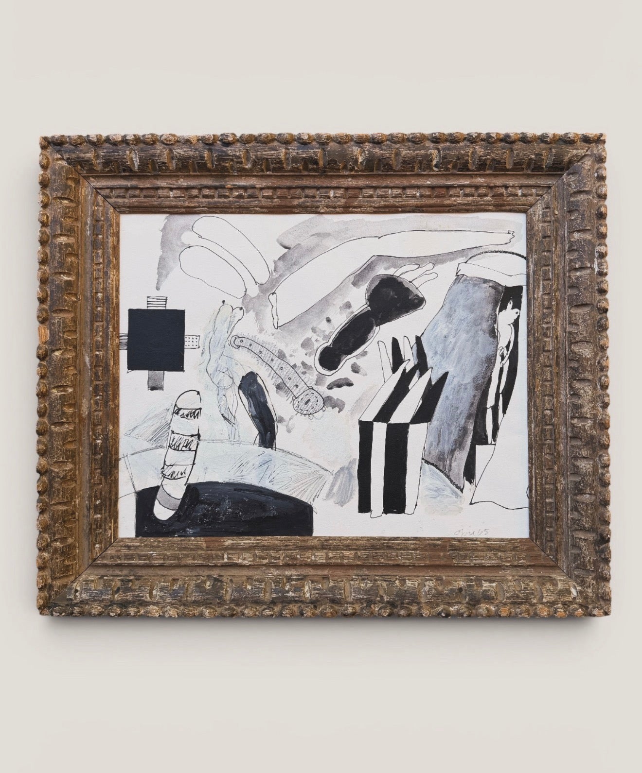 20th Century American John Mart Opie (b. 1936) Abstract Painting in B&W, Vintage Carved Wood Frame