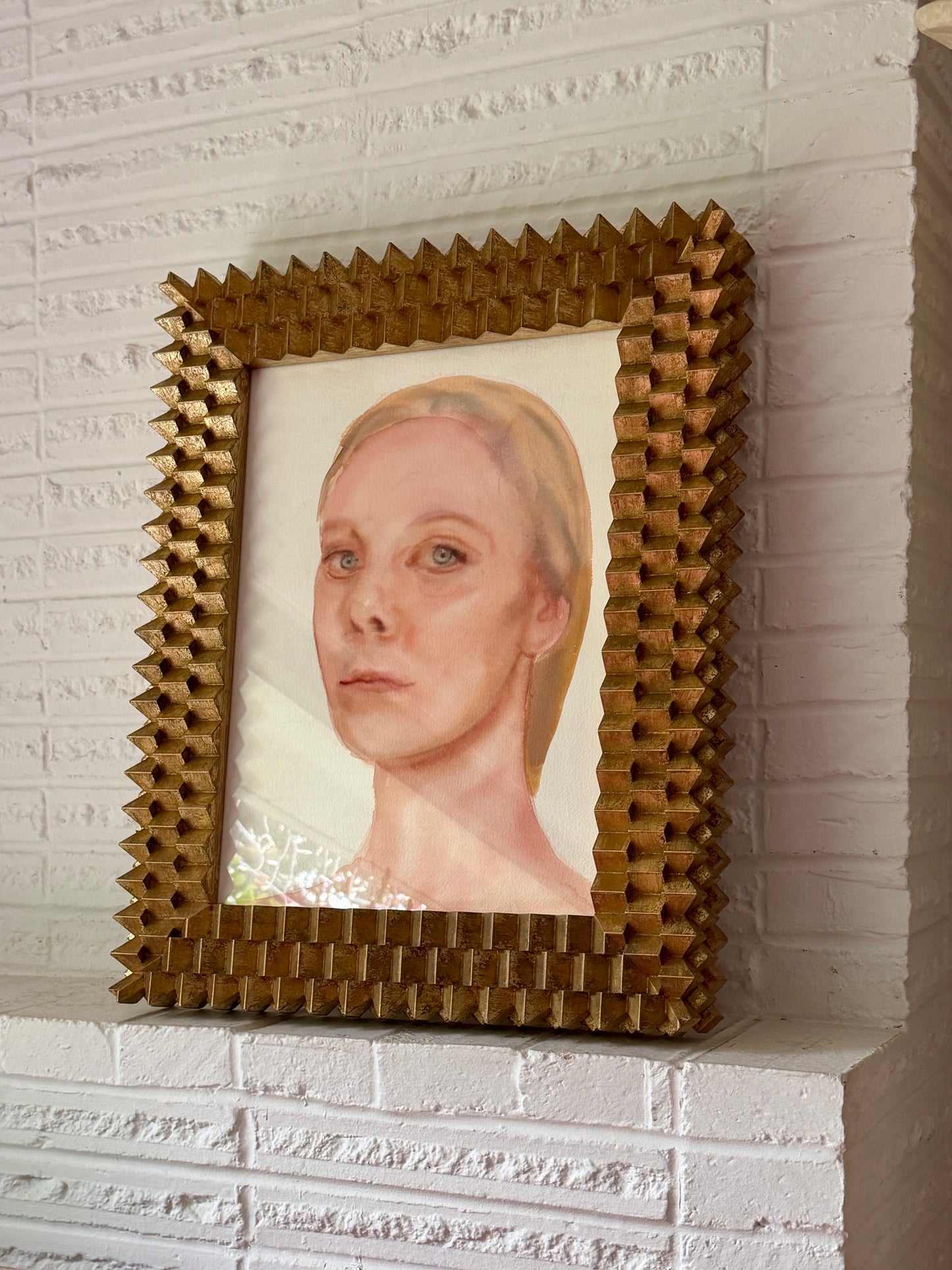 Hyperealism Watercolor Portrait on Paper in Custom Hillside Frameworks Gilt Wood Frame
