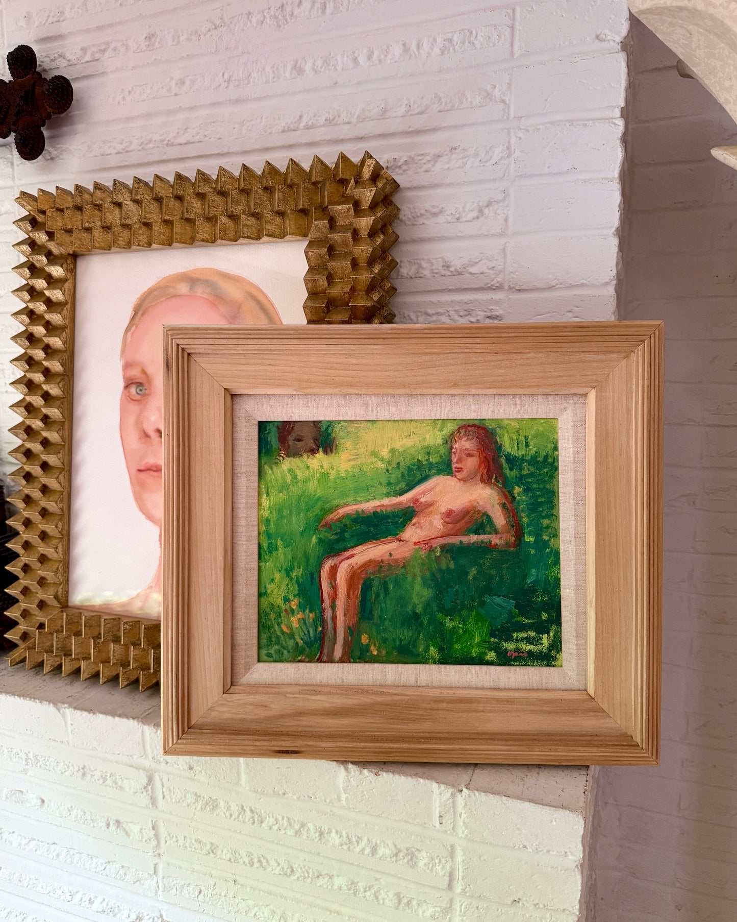 20th Century American John Mart Opie (b.1936) Painting on board, “Satyr & Nymph” artist framed