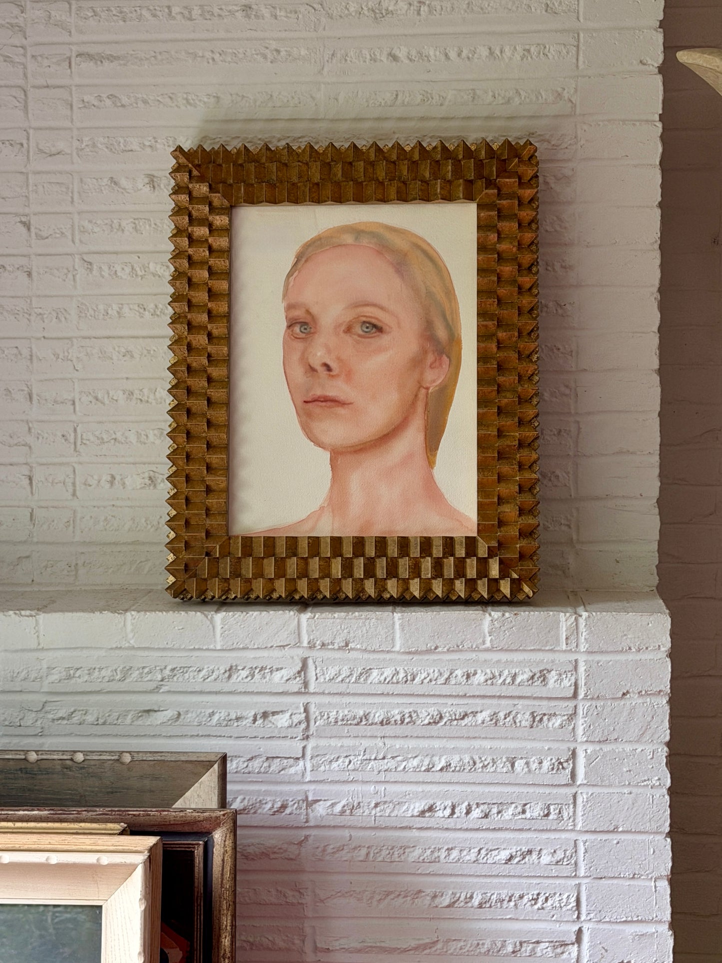 Hyperealism Watercolor Portrait on Paper in Custom Hillside Frameworks Gilt Wood Frame