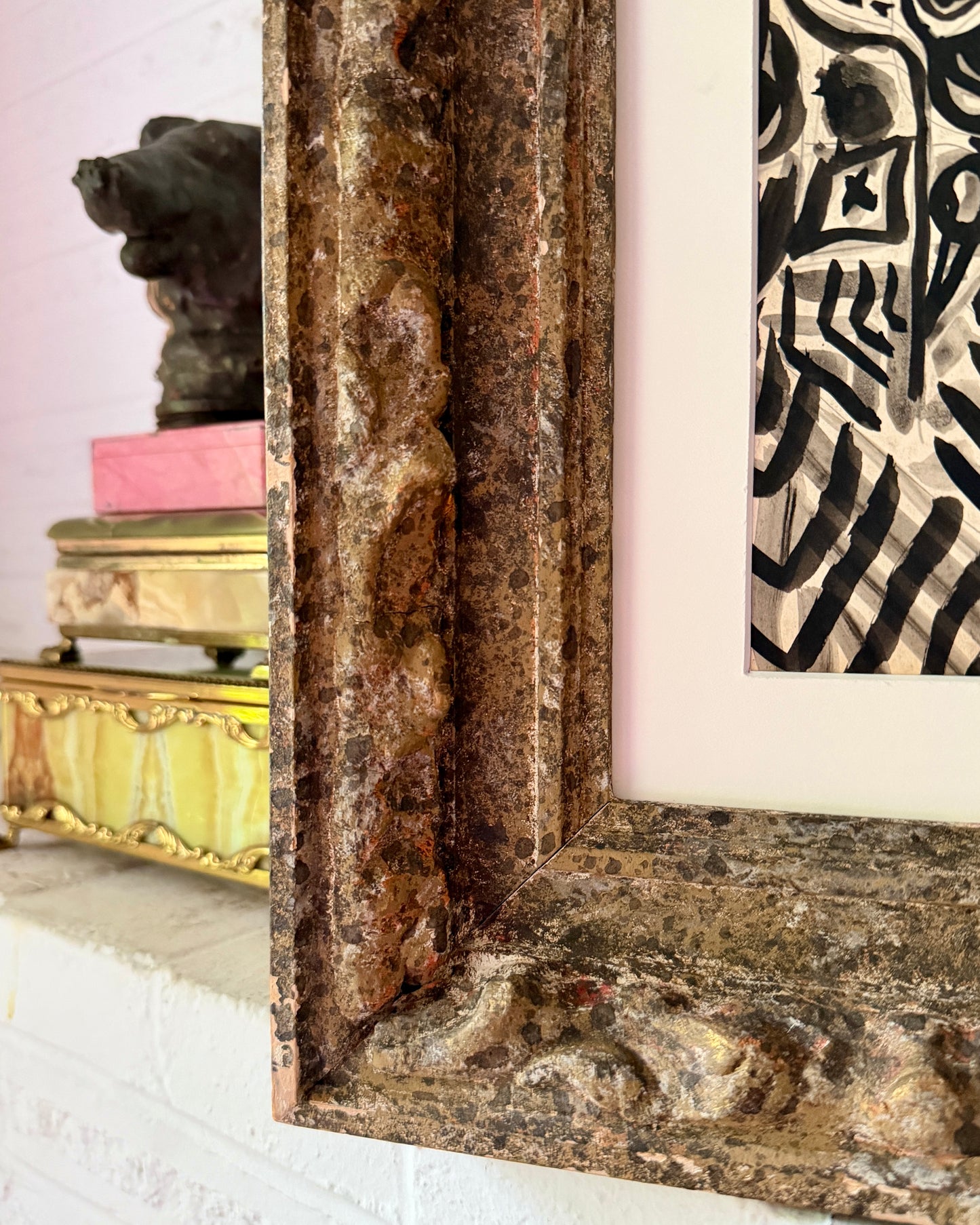 1961 ink on paper abstract drawing, signed, Vintage French frame