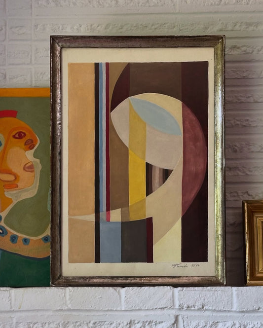 1977 Abstract Watercolor, signed H. Turowski, 19th century silver gilt frame