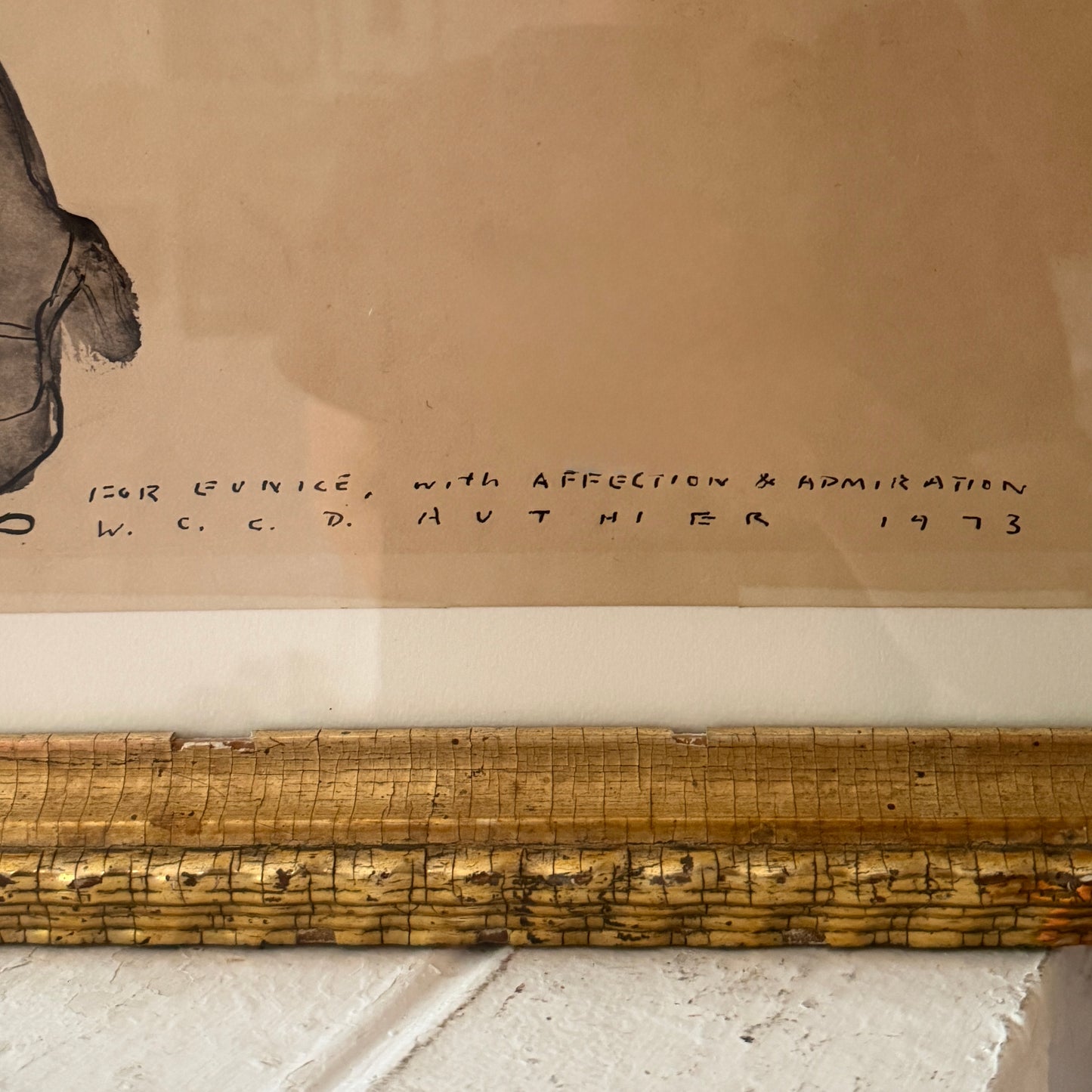 Abstract figurative ink on paper 1973 W.C.C.D Authier drawing in Scarce Rippled 19th Century Frame