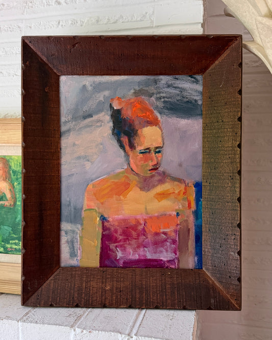 Sad Girl Portait Painting on Canvas Board by Margie Lee (1950-2021) in vintage frame