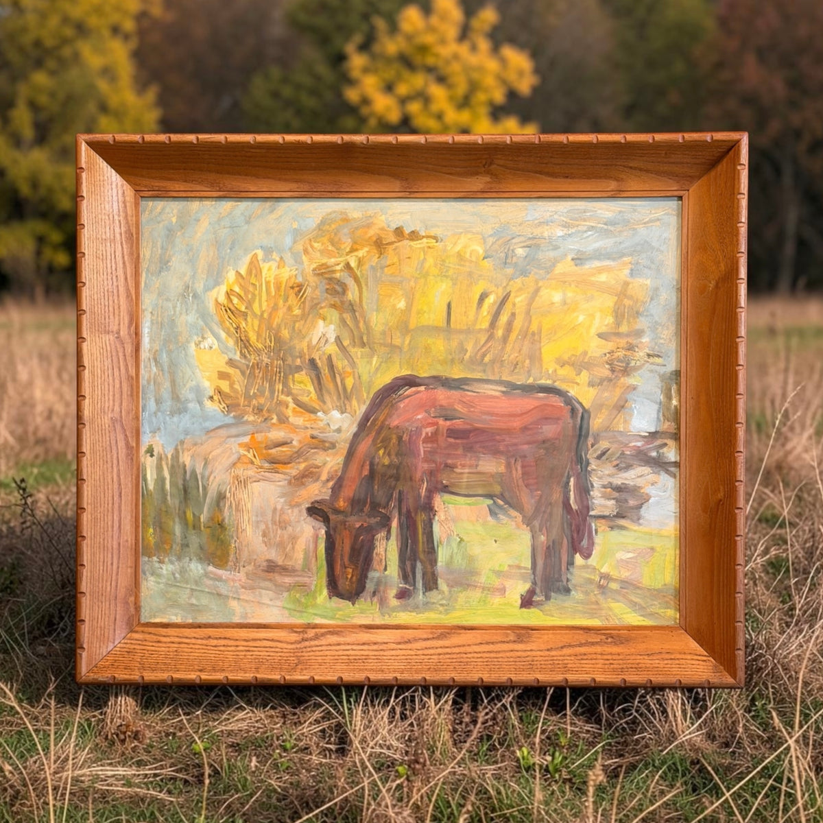 Oil on Paper Cow Painting, Oregon WPA Artist Arthur Runquist (1891-1971) Vintage Oak Cove Frame