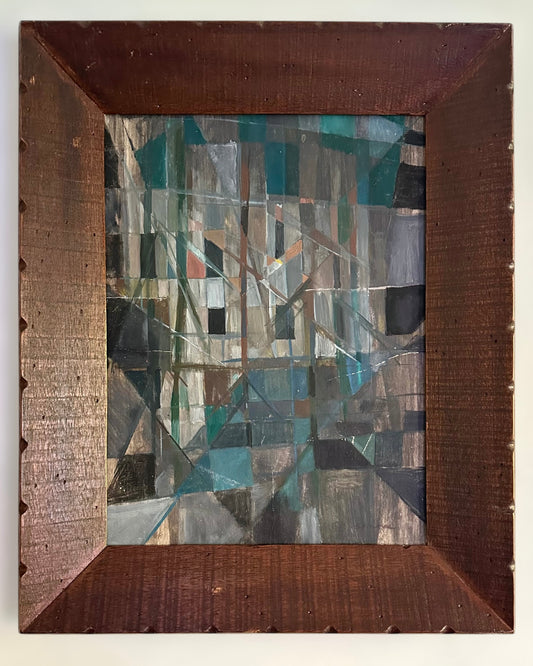 1950s Signed Geometric Abstract Oil on Artist Board, Wood Cove Frame