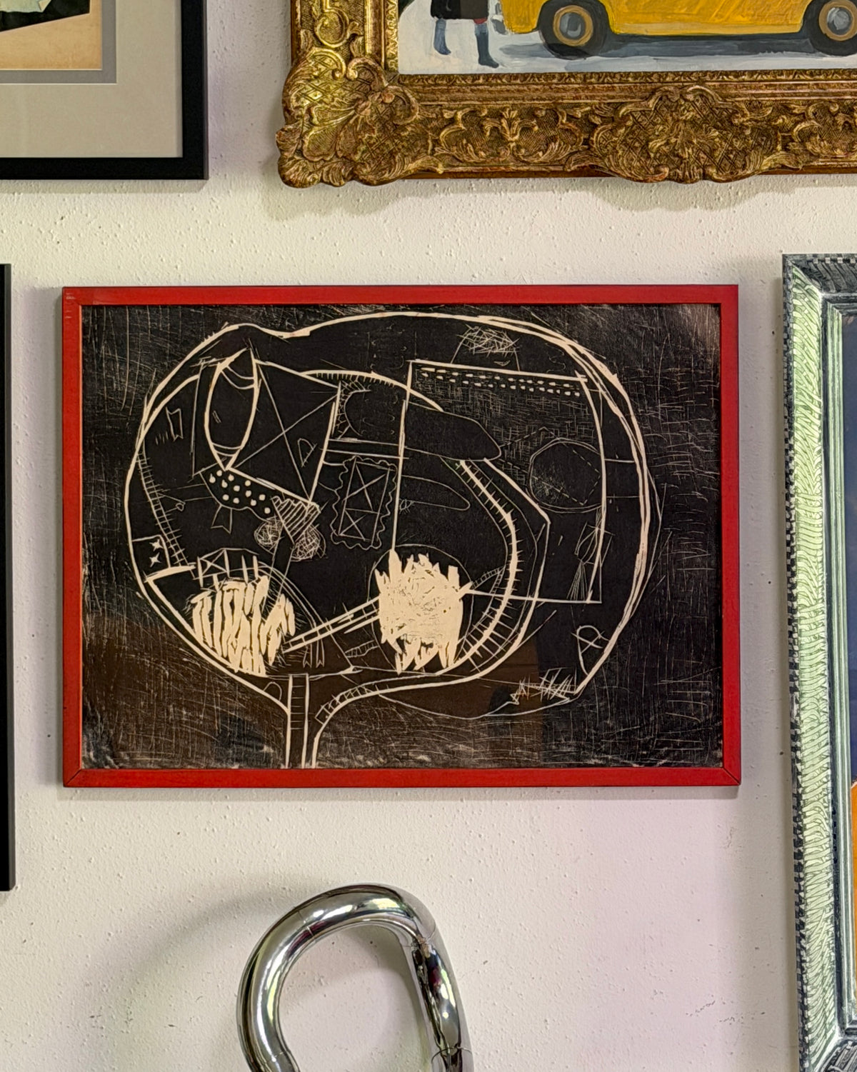 Mid 20th Century Abstract Block Print, Vintage Red Frame, Eunice Parsons Collection