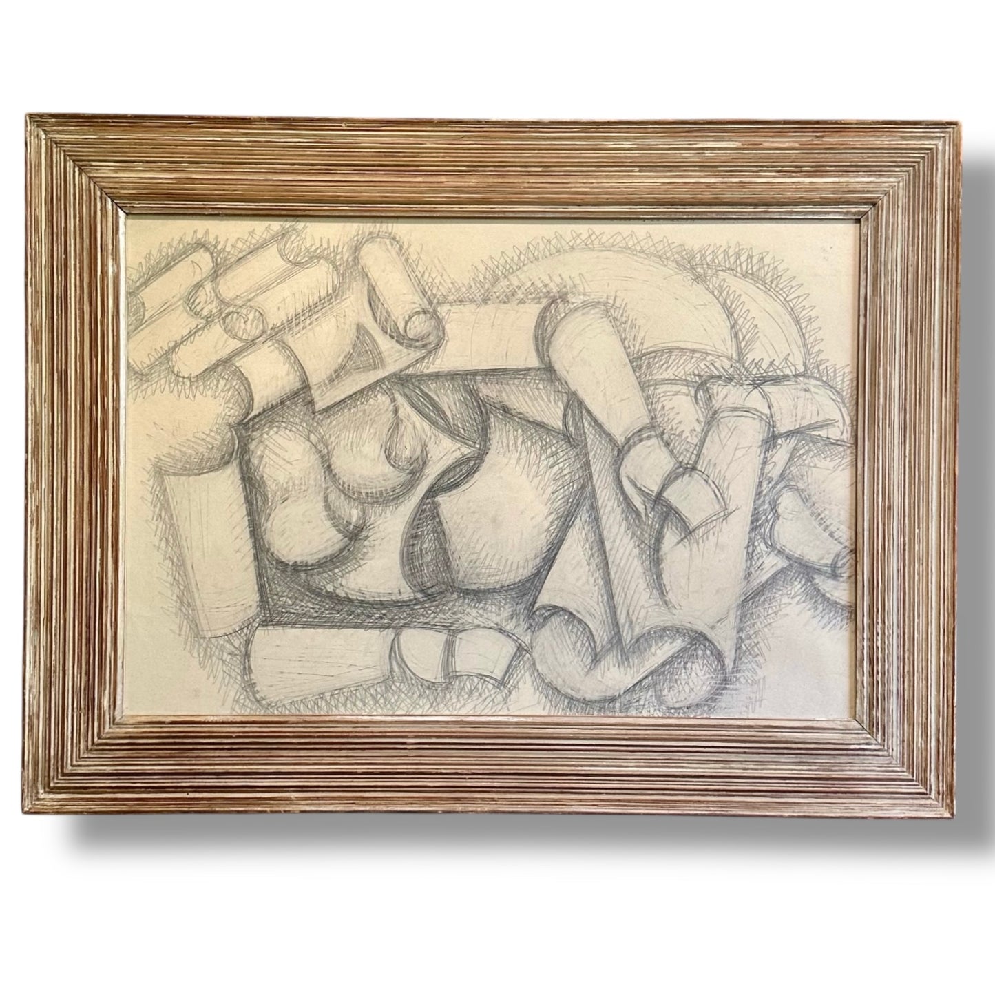 Large Samuel Kudish (b. 1928) abstract figurative pencil drawing in  antique frame