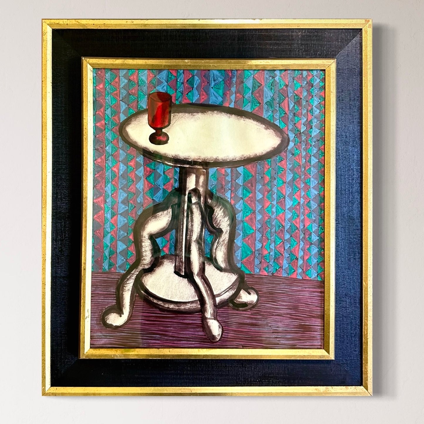 Vintage Gouache on Paper Abstracted Interior Scene in Black & Gold Frame 1960s