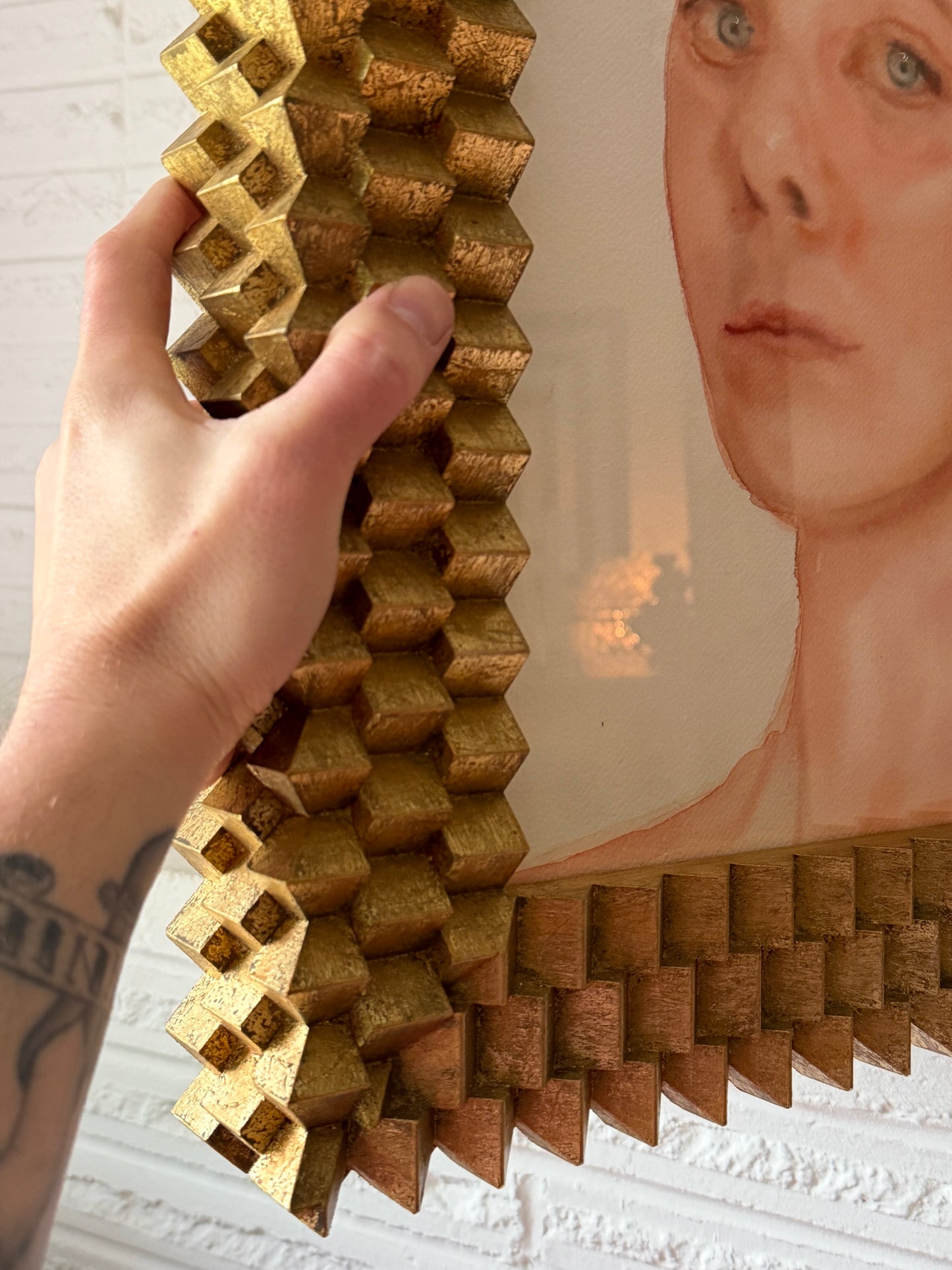 Hyperealism Watercolor Portrait on Paper in Custom Hillside Frameworks Gilt Wood Frame