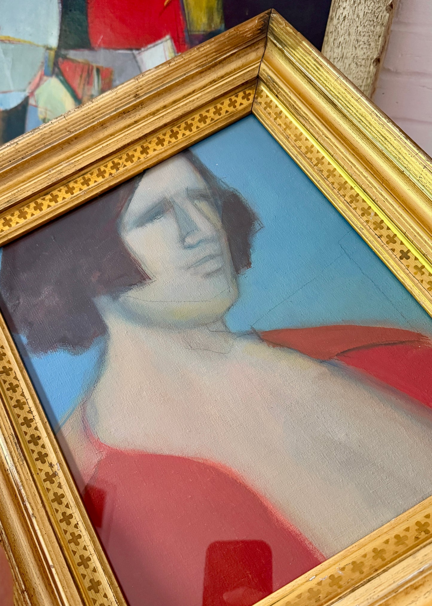 1960s Abstract Portrait Painting by Todd Chalk (b. 1929) in Antique 19th Centruy Gilt Frame