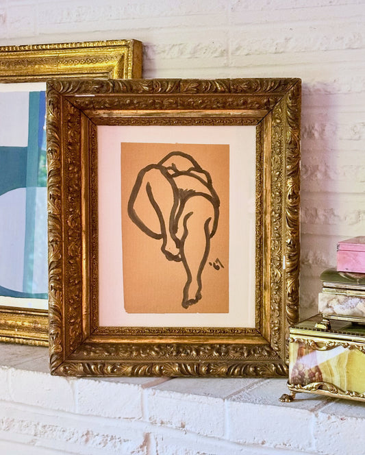 1967 abstracted figure drawing in ink on paper, 19th century ornate gilt frame