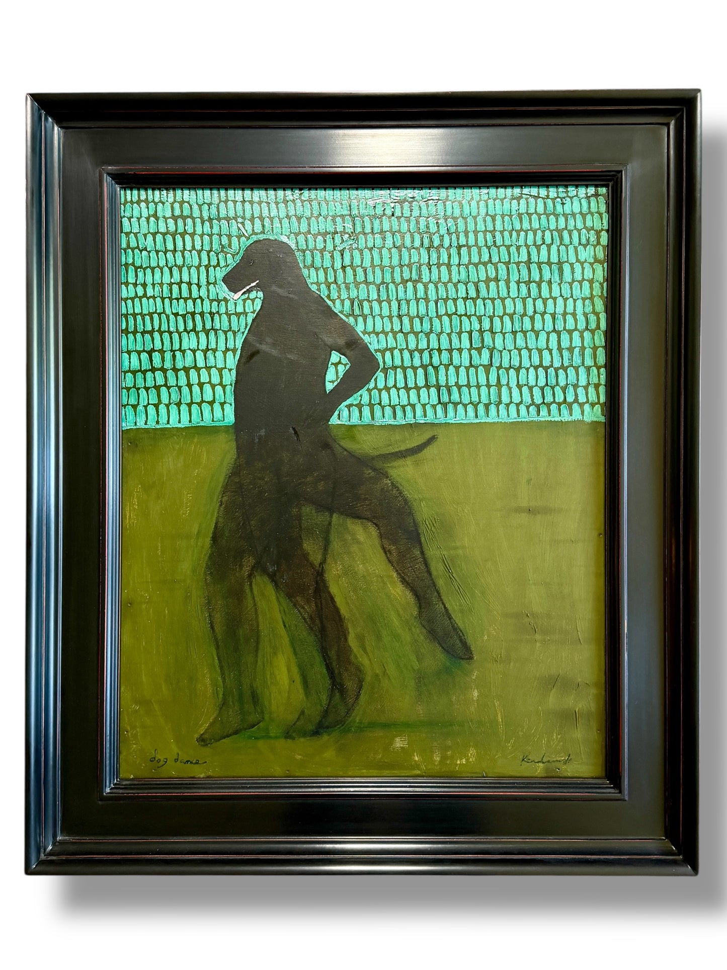 “Dog Dance” oil on panel by artist Brian Kershishnik, custom framed